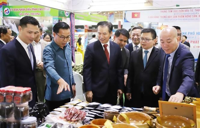 两国贸易部领导和各位代表参观越南商品展区。图自越通社