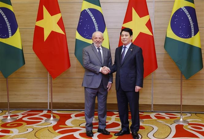 越南国家主席梁强与巴西总统路易斯·伊纳西奥·卢拉·达席尔瓦。图自越通社