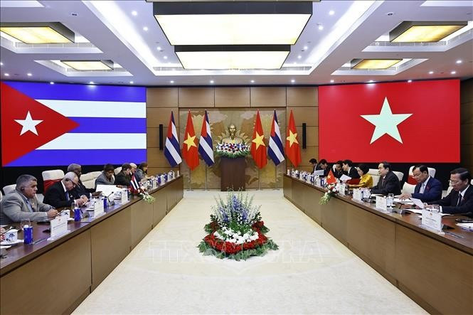 越南国会主席陈青敏同古巴全国人民政权代表大会主席拉索举行会谈。图自越通社