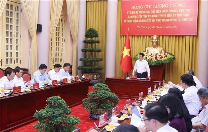 6月5日下午，越南国家主席梁强在主席府主持召开与兴安省、太平省省委常委会的工作会议。图自越通社