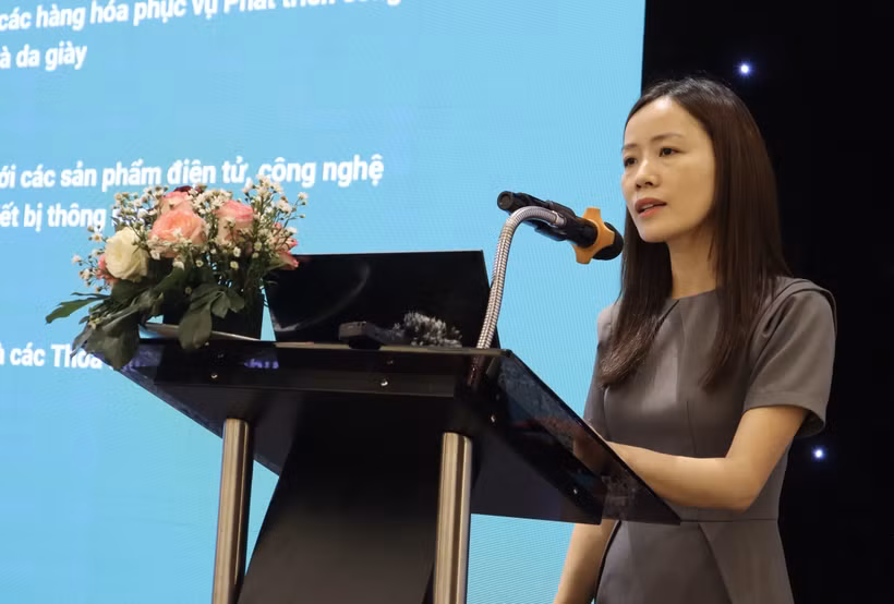 工贸部国外市场发展司的黎氏梅英在研讨会上发表讲话。图自越通社