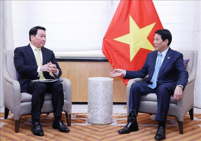 越南国家主席梁强（右）会见韩国SK集团会长崔泰源。图自越通社