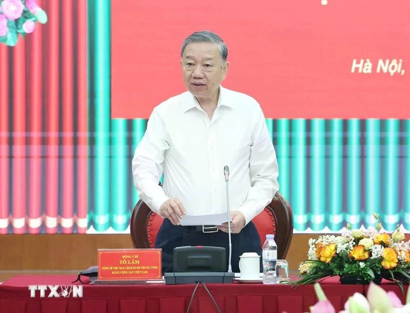 越共中央总书记苏林在会议上发言。图自越通社