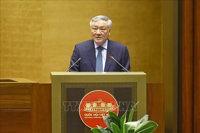 越南政府副总理阮和平在会议上作关于国际金融中心的作用和意义的报告。图自越通社