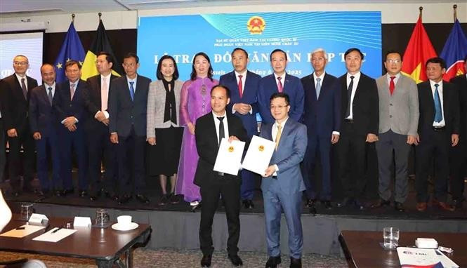 ViLaB主席冯国智博士（左）与越南农业与环境部代表签署了关于智慧农业和环境领域合作的谅解备忘录。图自越通社