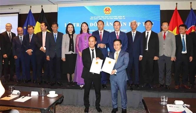 ViLaB主席冯国智博士（左）与越南农业与环境部代表签署了关于智慧农业和环境领域合作的谅解备忘录。图自越通社