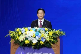 越南国家主席梁强在《联合国打击网络犯罪公约》（又称《河内公约》）开放签署仪式及高级别会议开幕式上发表讲话。图自越通社