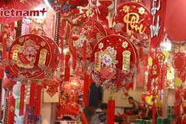 沉浸在河内古街区熙熙攘攘的春节购物氛围中