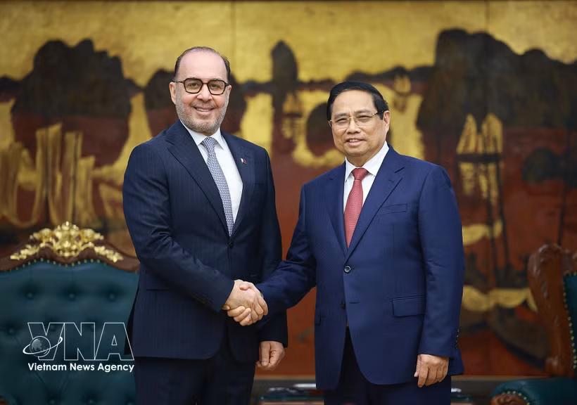 越南政府总理范明政在政府总部会见卡塔尔驻越南大使哈立德·阿里·阿卜杜拉·阿贝尔。图自越通社