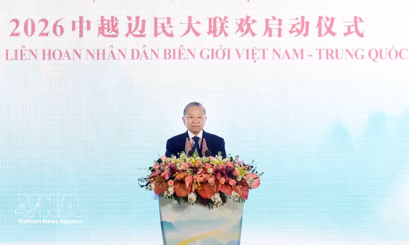 越共中央总书记、国家主席苏林出席2026年越中边民大联欢启动仪式。图自越通社