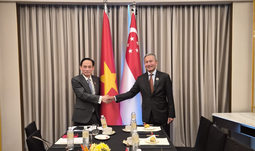 越共中央政治局委员、外交部长黎怀忠会见新加坡外交部长维文。图自越通社