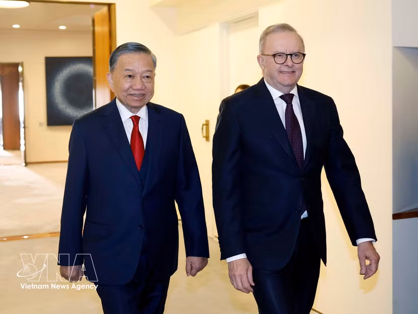越共中央总书记、国家主席苏林同澳大利亚总理安东尼·阿尔巴尼斯举行会谈。图自越通社