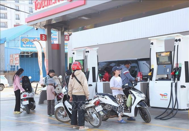 民众在柬埔寨东北部上丁省上丁市的一处加油站加油。图自越通社