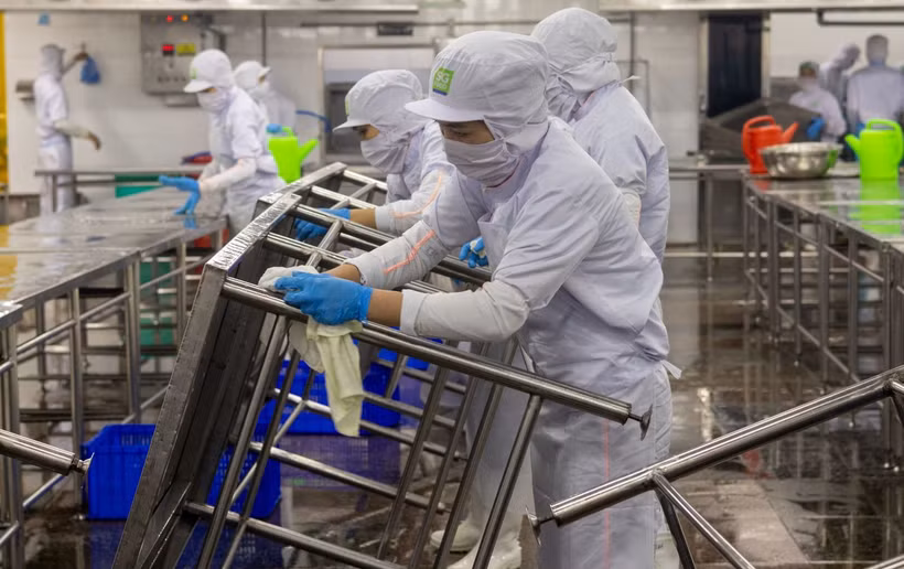 某一厂房的工人过年后重返工作岗位。图自越通社