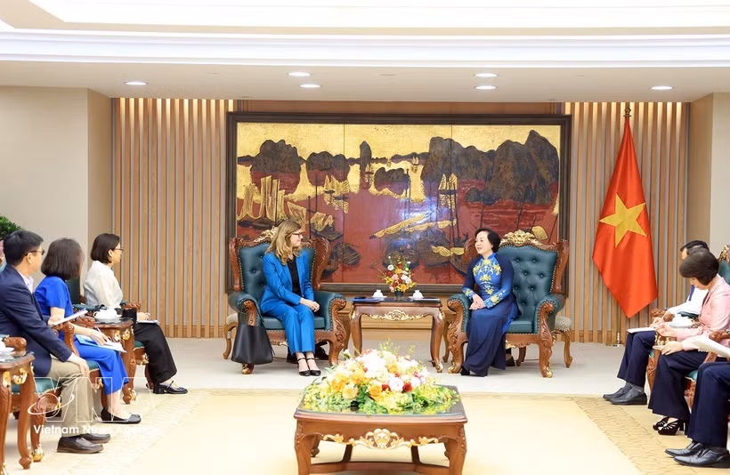 政府副总理范氏青茶会见联合国儿童基金会驻越南首席代表席尔维亚·达奈洛夫。图自越通社