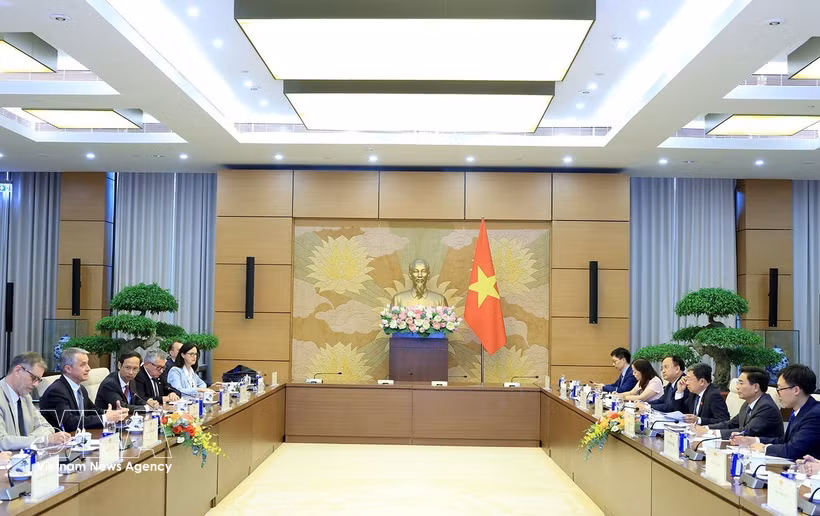 越南国会副主席阮尹英上将会见法国国民议会国防与武装力量委员会主席让-米歇尔·雅克。图自越通社