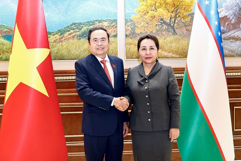 越南国会主席陈青敏同乌兹别克斯坦参议院主席坦济拉·纳尔巴耶娃举行会谈。图自越通社
