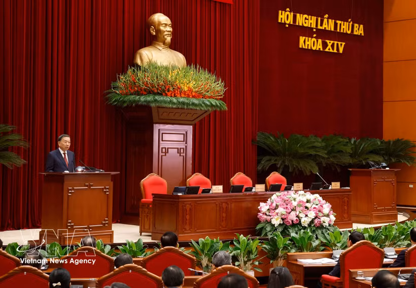 越共中央总书记、国家主席苏林在闭幕会上讲话。图自越通社