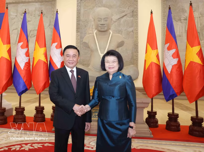 越共中央书记处常务书记陈锦秀会见柬埔寨国会主席昆索达莉亲王。图自越通社