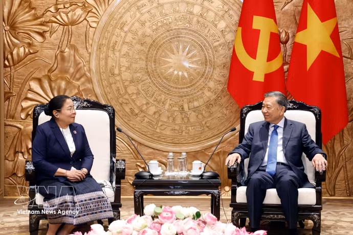 越共中央总书记、国家主席苏林会见老挝人民革命党中央组织部部长西赛。图自越通社