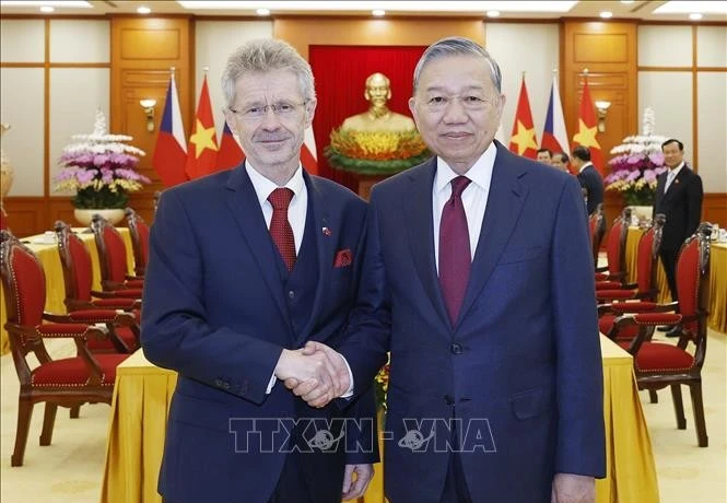 越共中央总书记苏林与捷克参议院主席米洛什·维斯特奇尔。图自越通社