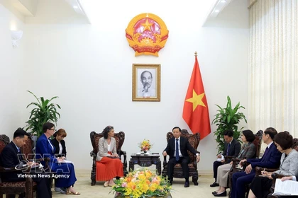 越南政府副总理陈红河在政府驻地会见了联合国开发计划署（UNDP）驻越南首席代表拉姆拉·阿勒哈利迪和世界卫生组织（WHO）驻越南首席代表安吉拉·普拉特。图自越通社