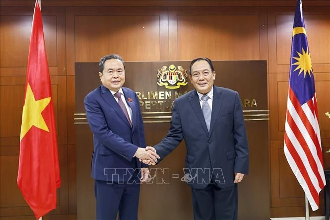 越南国会主席陈青敏与马来西亚上议院总部同马来西亚国会上议院议长阿旺比米。图自越通社