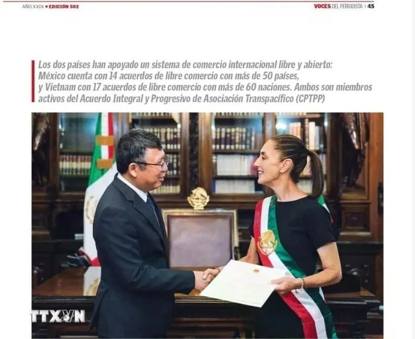 《Voces Del Periodista》报上的越南驻墨西哥大使阮文海和墨西哥总统克劳迪娅·辛鲍姆·帕尔多（Claudia Sheinbaum）。图自越通社