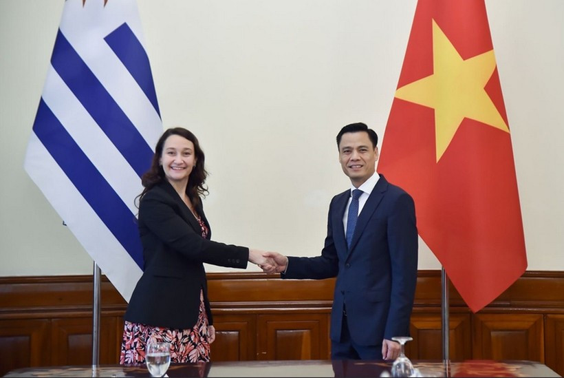 越南外交部副部长邓黄江与乌拉圭外交部副部长瓦莱里娅·楚萨基·卡夫雷拉。外交部供图