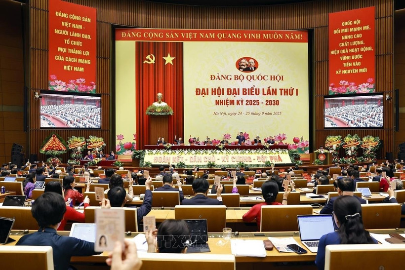 各位代表表决通过大会决议草案。图自越通社