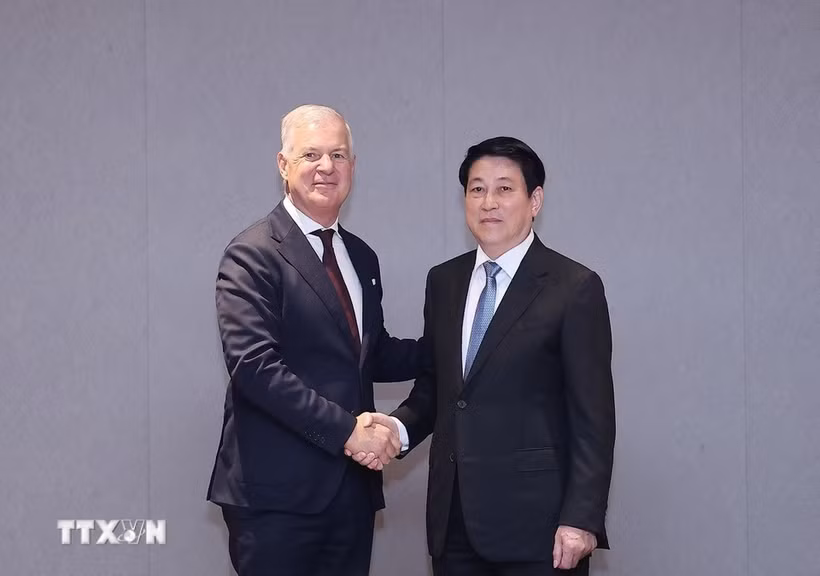 越南国家主席梁强会见国际商会（ICC）秘书长约翰·丹顿。图自越通社