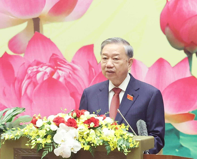 越共中央总书记苏林在会上发言。图自越通社
