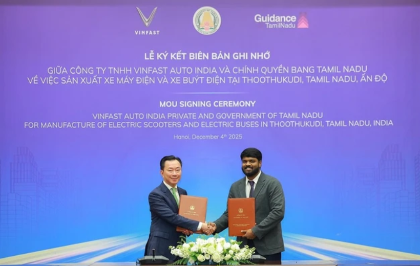 12 月 4 日，VinFast 与印度泰米尔纳德邦政府签署合作备忘录（MOU）。图自nguoiquansat.vn