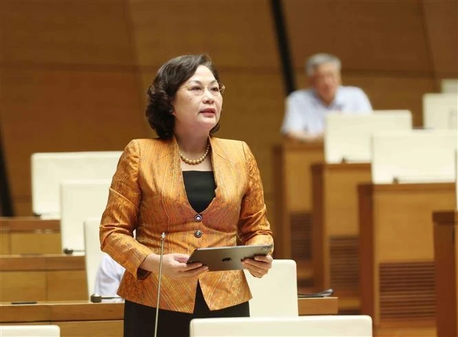 越南国家银行行长阮氏红回答质询。图自越通社