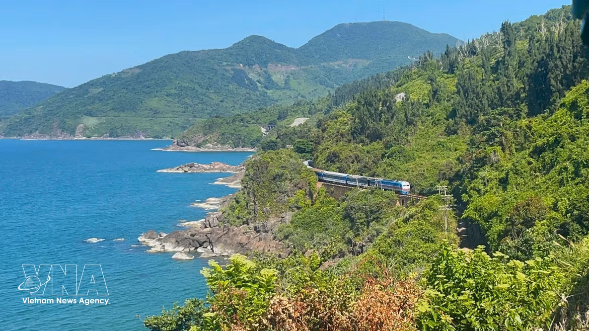 海云山脚下，一块块深灰色岩石散落其间，宛如大自然镶嵌在陵姑湾碧海之间的粗犷拼图，与柔美的海景形成鲜明对比。图自 越通社