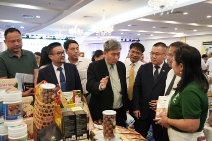 各位代表参观北中部地区企业的产品展示区。图自越通社