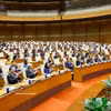 越共中央总书记苏林、国家主席梁强，政府总理范明政，国会主席、国家选举委员会主席陈青敏，书记处常务书记陈锦秀出席会议。图自越通社