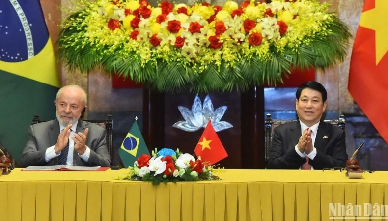 越南国家主席梁强和巴西总统路易斯·伊纳西奥·卢拉·达席尔瓦。图自nhandan.vn