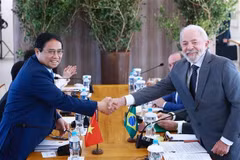 越南政府总理范明政与巴西总统卢拉握手。图自越通社