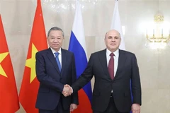 越共中央总书记苏林与见俄罗斯联邦总理米舒斯京亲切握手。图自越通社