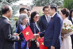 越南国会主席陈青敏和夫人会见越南常驻代表机构和大使馆工作人员以及旅瑞越南人社群代表。图自越通社