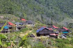 赫蒙族同胞在怀门村的粮仓采用两层结构，以木材建造并铺设杉木屋顶，独立于居住区，用于存放稻谷、木薯、红薯及玉米等农产品。