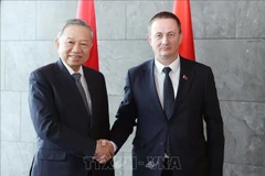 越共中央总书记苏林与白俄罗斯总理图尔钦亲切握手。图自越通社