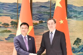 越南政府副总理黎成龙和中国国务院副总理丁薛祥。图自越通社
