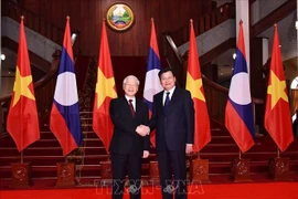 阮富仲会见老挝政府总理和国会主席