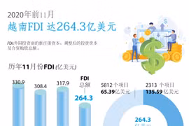 图表新闻：2020年前11个月越南FDI达264.3亿美元