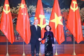 越共中央书记处常务书记张氏梅与中共中央政治局常委、书记处书记、中央办公厅主任蔡奇举行会谈