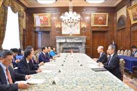 越南外交部长裴青山与日本参议院副议长长滨博行举行会谈。图自越通社