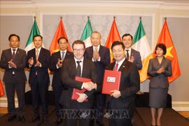 FPT大学与都柏林城市大学旗下ADAPT研究中心关于高科技人力资源发展合作洽谈会议纪要交换仪式。图自越通社