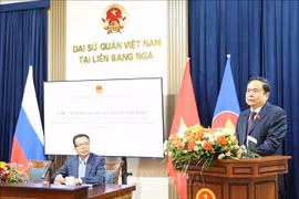 国会主席陈青敏在见面会上发表讲话。图自越通社
